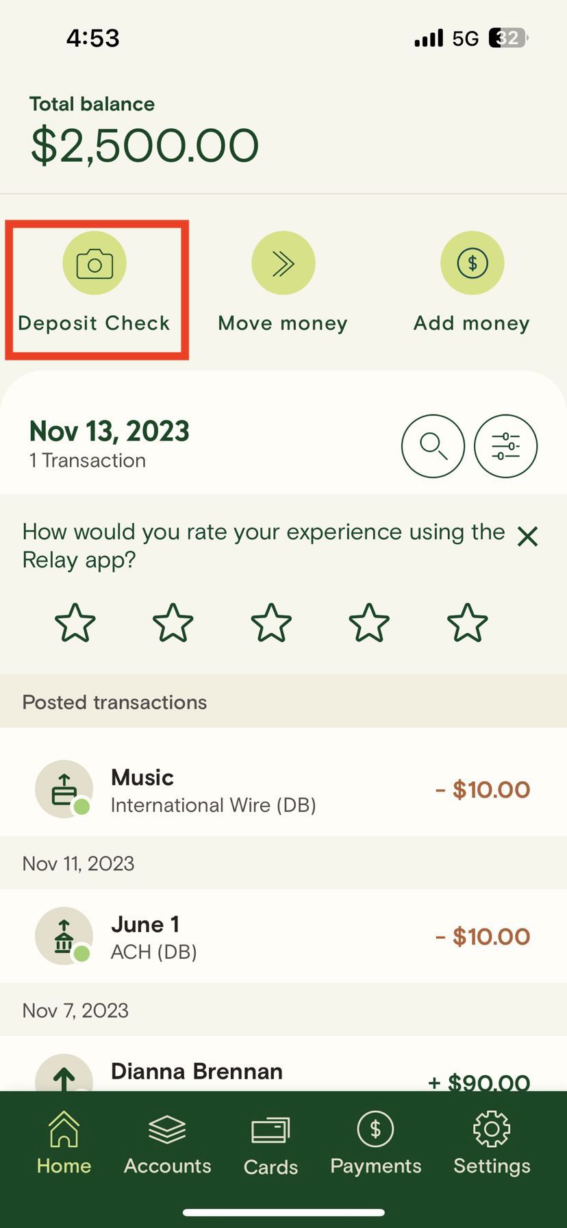 Depositing a check relay financial
