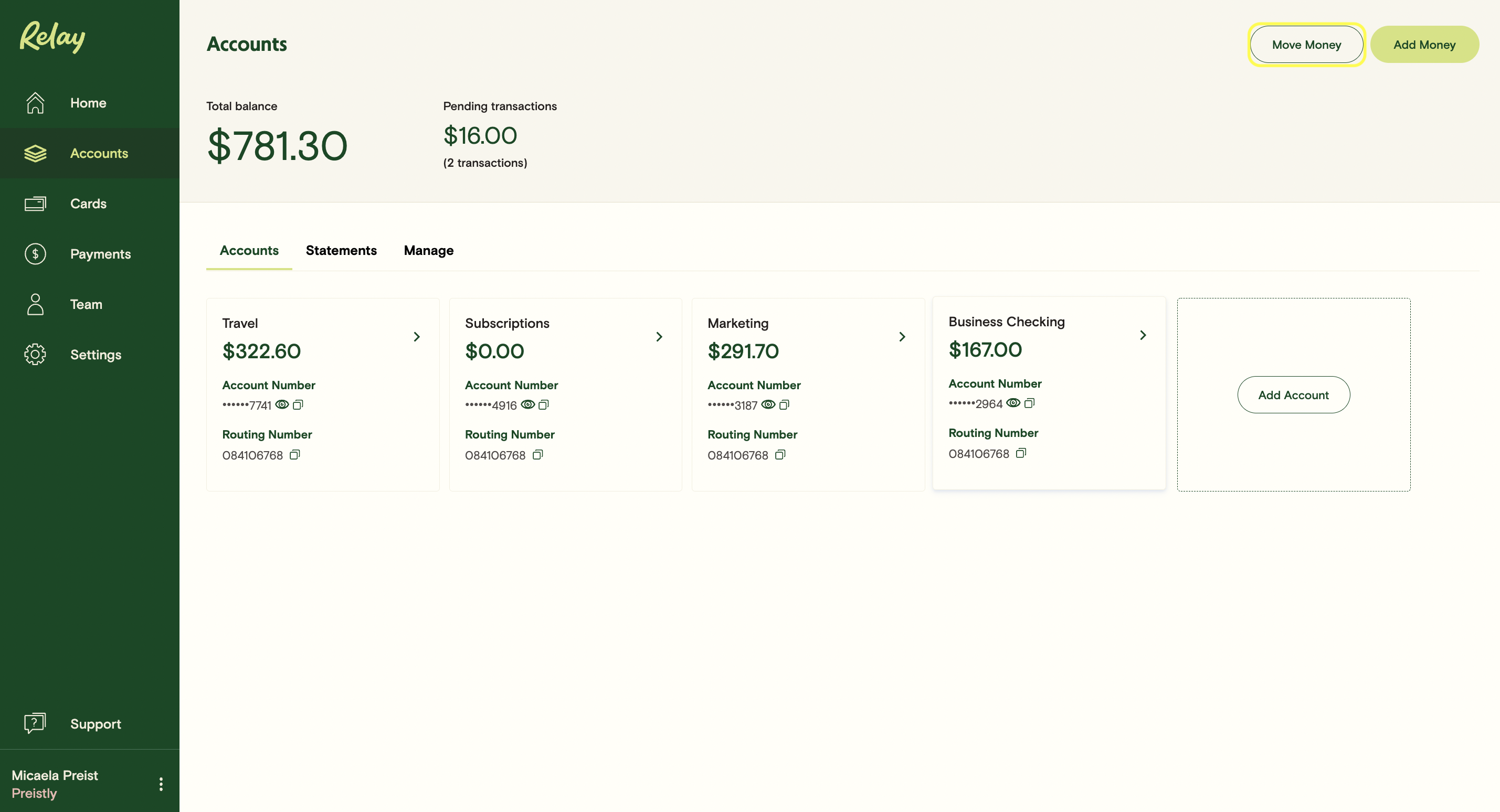 Transfers between Relay accounts Relay Financial
