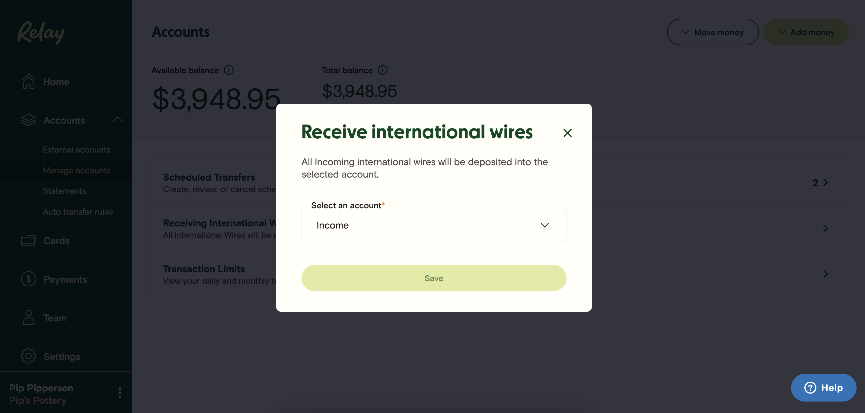 Receiving an international wire Relay Financial