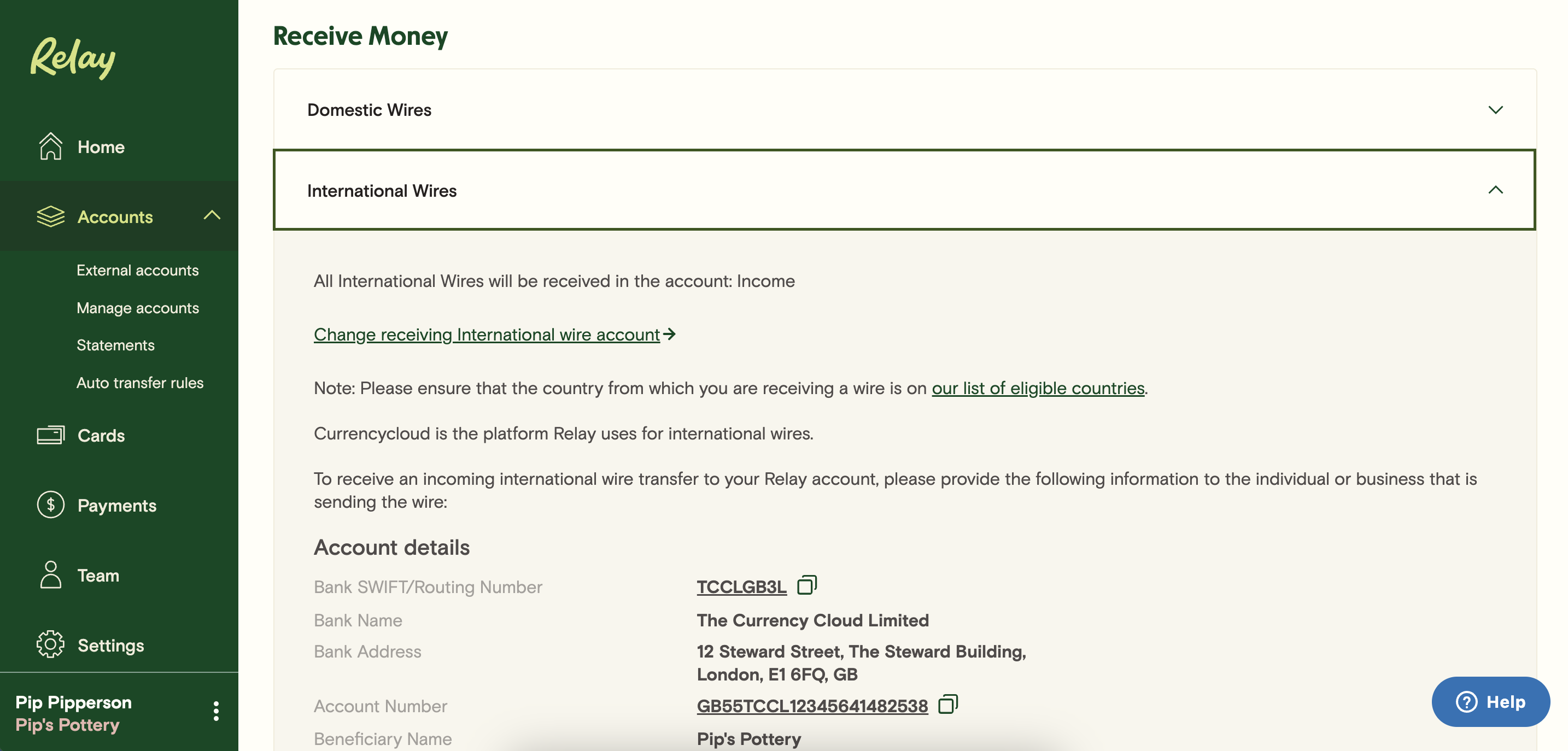 Receiving an international wire Relay Financial